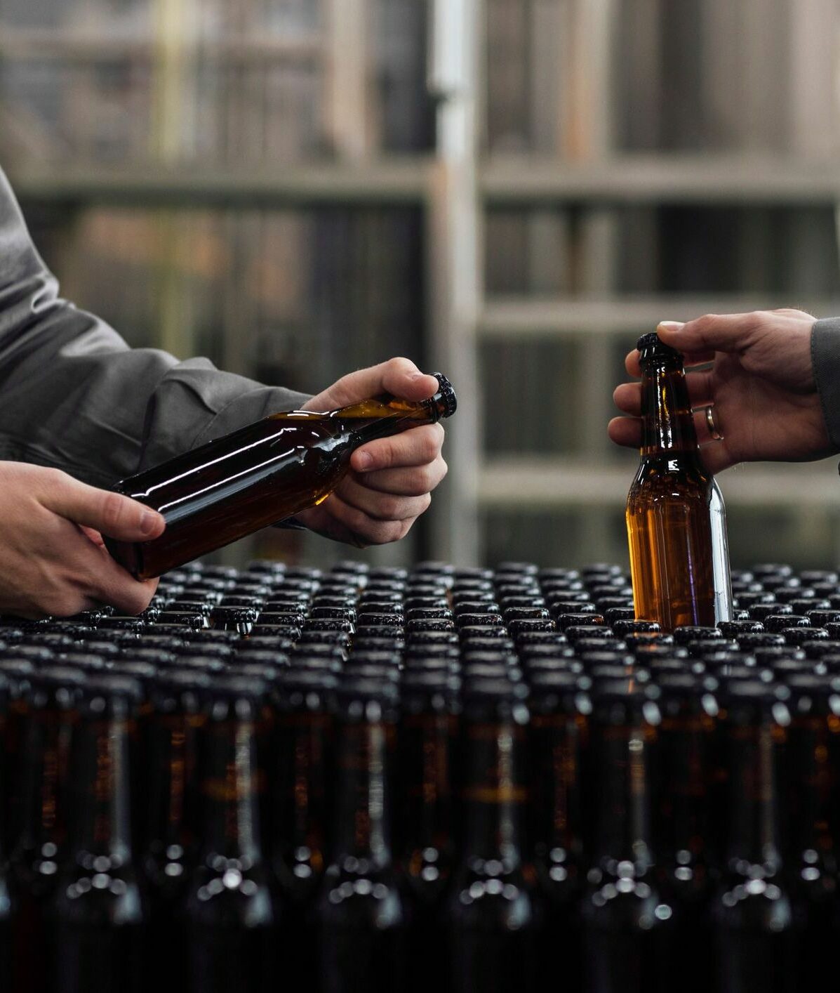 Lager Making Process: Unrecognizable Factory Workers Holding Bottled Beer